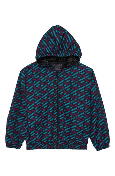 Shop Versace Kids' La Greca Print Hooded Jacket In Teal Plum