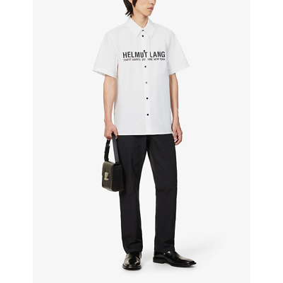 Shop Helmut Lang Logo-embossed Short-sleeve Oversized-fit Cotton-poplin Shirt In White