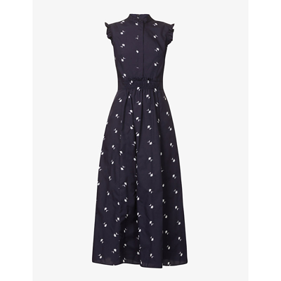 Shop Erdem Evie Floral-embroidered Woven Midi Dress In Navy / White