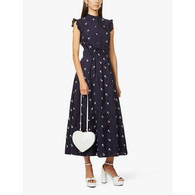 Shop Erdem Evie Floral-embroidered Woven Midi Dress In Navy / White