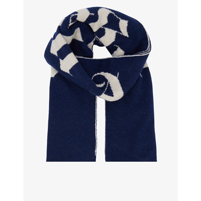 Shop Palm Angels Logo-intarsia Double-sided Knitted Scarf In Navy