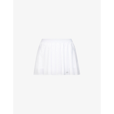 Shop Alo Yoga Women's White Varsity Pleated Stretch-woven Mini Skirt