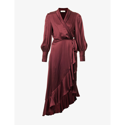 Shop Zimmermann Women's Burgundy Plunge-neck Wrap-over Silk Midi Dress