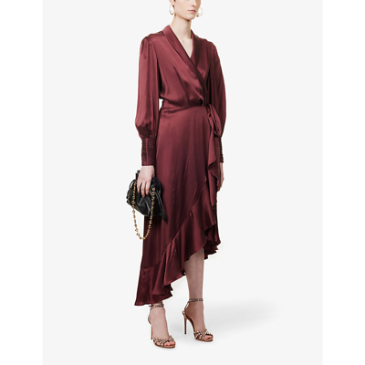 Shop Zimmermann Women's Burgundy Plunge-neck Wrap-over Silk Midi Dress