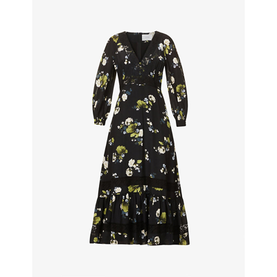 Shop Erdem Magdalene Floral-print Silk Midi Dress In Black