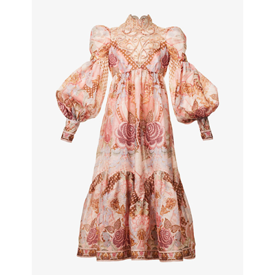 Shop Zimmermann Kaleidoscope High-neck Floral-print Linen-blend Midi Dress In Apricot Floral
