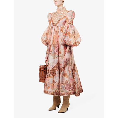 Shop Zimmermann Kaleidoscope High-neck Floral-print Linen-blend Midi Dress In Apricot Floral