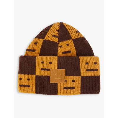 Shop Acne Studios Logo Chequered Wool Beanie Hat In Ochre Orange  Brown