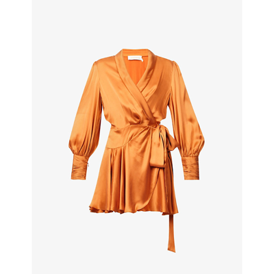 Shop Zimmermann Plunge-neck Wrap-over Silk Mini Dress In Tangerine