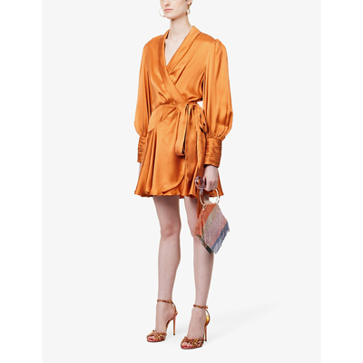 Shop Zimmermann Plunge-neck Wrap-over Silk Mini Dress In Tangerine