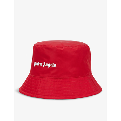 Shop Palm Angels Logo-embroidered Woven Bucket Hat In Red White