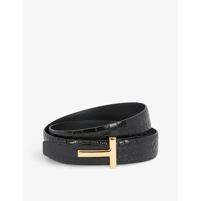 Shop Tom Ford Reversible Brand-plaque Croc-embossed Leather Belt In Black