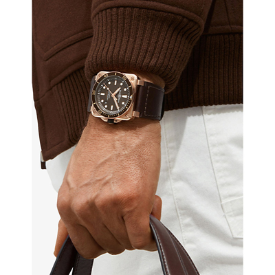 Shop Bell & Ross Br 03-92 Diver Satin-polished Bronze And Leather Automatic Watch In Brown