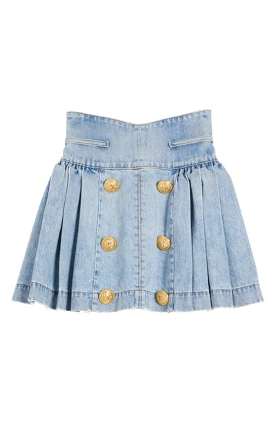 Shop Balmain Six-button Pleated Denim Miniskirt In 6fc 6fc Bleu Jean Clair