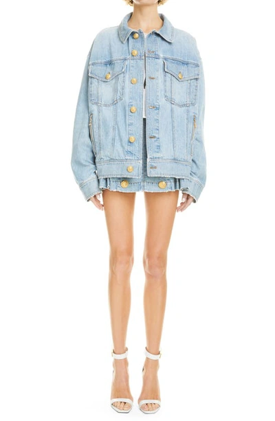 Shop Balmain Six-button Pleated Denim Miniskirt In 6fc 6fc Bleu Jean Clair