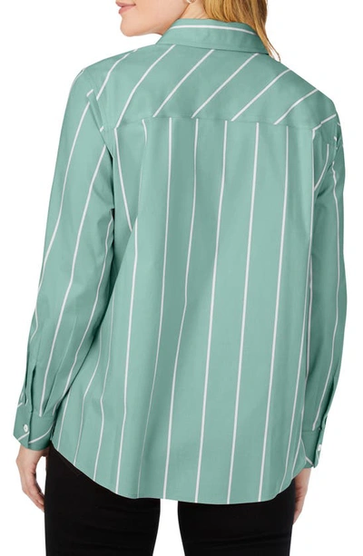 Shop Foxcroft Ave Stripe Button-up Tunic Shirt In Jade Gem