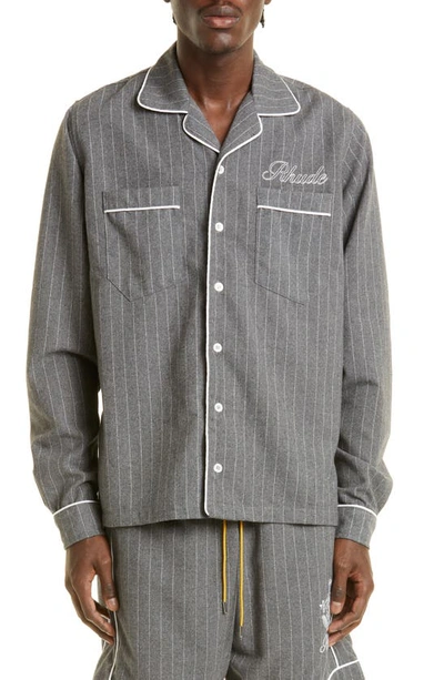 Shop Rhude Embroidered Logo Pajama Long Sleeve Button-up Shirt In Grey Stirpes 0804