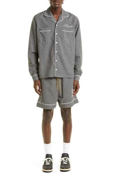 Shop Rhude Embroidered Logo Pajama Long Sleeve Button-up Shirt In Grey Stirpes 0804