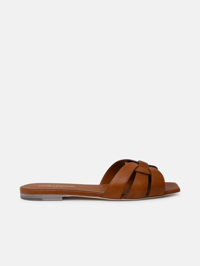 Shop Saint Laurent Amber Leather Tribute Slippers In Brown