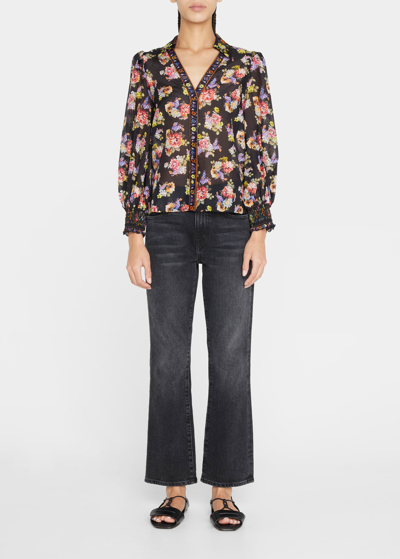 Shop Alice And Olivia Cosima Floral Blouson-sleeve Button-front Top In Magnolia Floral B