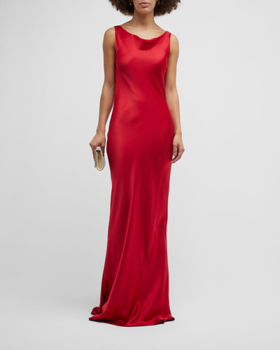Shop Norma Kamali Maria Cowl-neck Satin Fishtail Gown In Tiger Red
