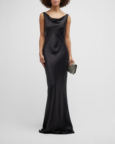 Shop Norma Kamali Maria Cowl-neck Satin Fishtail Gown In Black