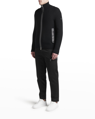 Shop Moncler Men's Ribbed Leather-trim Cardigan Sweater In Black