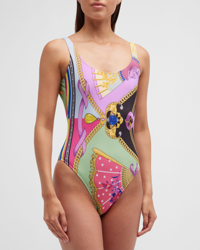 Shop Versace Ventagli-print One-piece Swimsuit In Multicolor