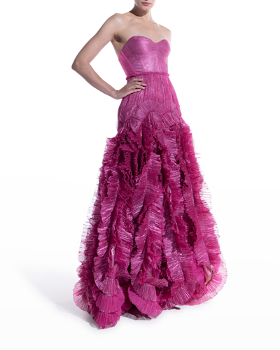 Shop Maria Lucia Hohan Frances Strapless Ruffle Metallic Plisse Gown In Raspberry