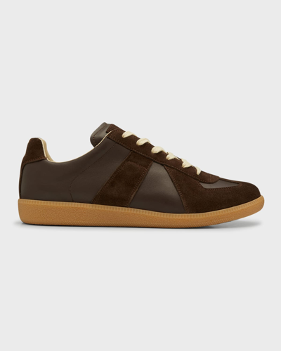 Shop Maison Margiela Men's Replica Leather Low-top Sneakers In Dark/brown