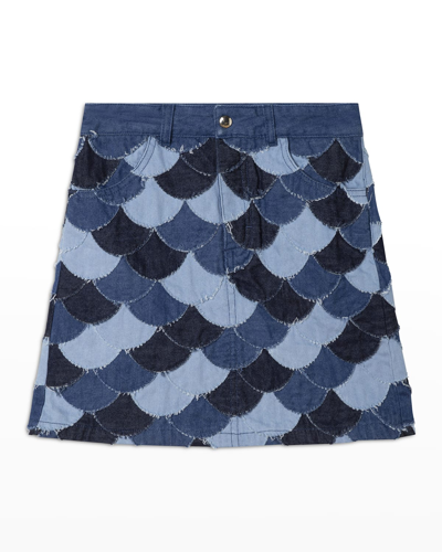 Shop Chloé Girl's Denim Scallop Patchwork Skirt In Z10-denim