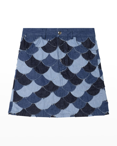 Shop Chloé Girl's Scallop Patchwork Denim Skirt In Z10-denim