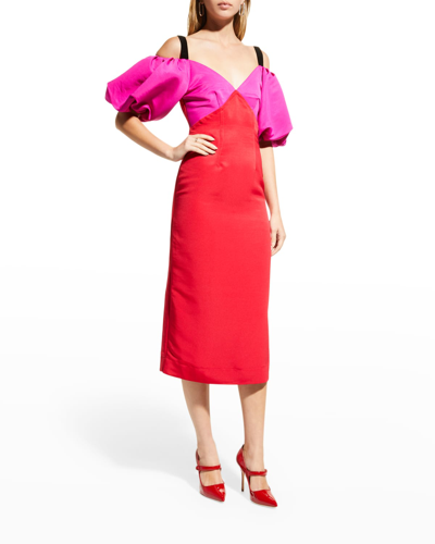 Shop Zac Posen Open-shoulder Puff-sleeve Midi Dress In Poppyfuchsia