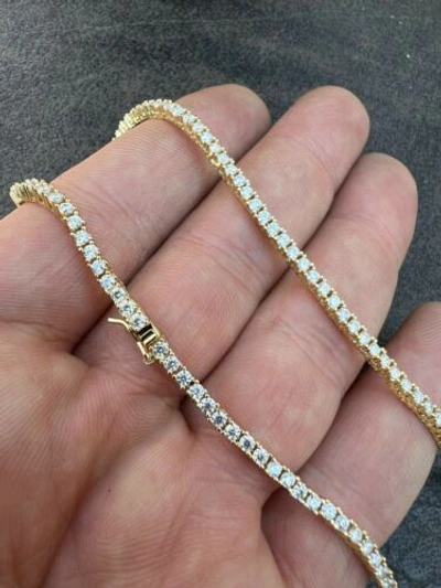 Pre-owned Silver 2mm Moissanite 14k Gold Plated  Tennis Chain Necklace Pass Diamond Test