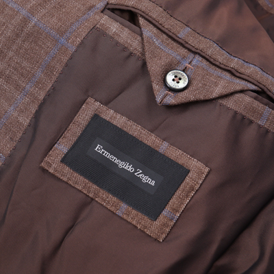 Pre-owned Ermenegildo Zegna Cocoa Layered Check Cashmere-silk-hemp Sport Coat 44r In Brown