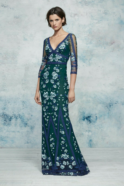 Pre-owned Marchesa Notte $995  Lace Green Blue Embroidered Gown Guipure Dress Flowers 2