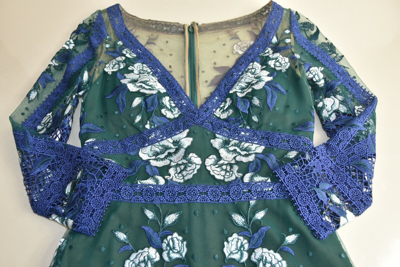 Pre-owned Marchesa Notte $995  Lace Green Blue Embroidered Gown Guipure Dress Flowers 2