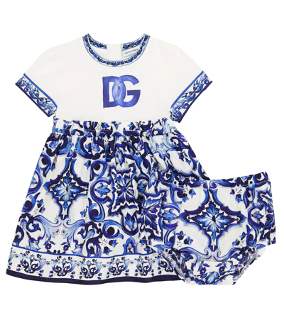 Shop Dolce & Gabbana Baby Cotton Dress And Bloomers Set In Tris Maioliche F.bco