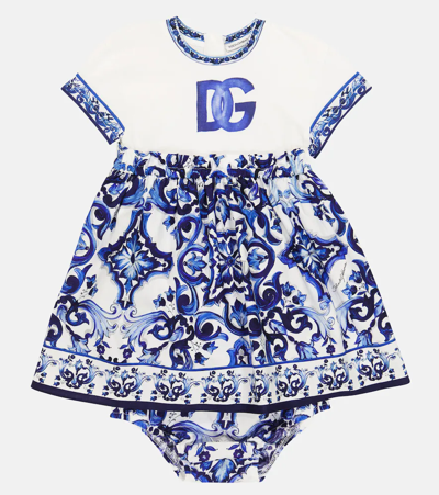 Shop Dolce & Gabbana Baby Cotton Dress And Bloomers Set In Tris Maioliche F.bco