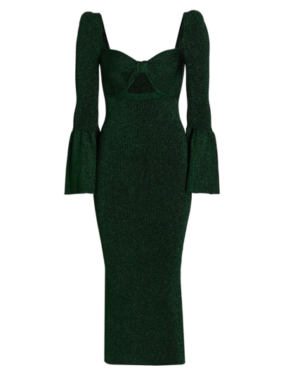 Shop Self-portrait Women's Metallic Knit Cut-out Midi-dress In Green