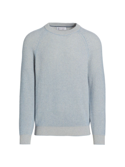 Shop Brunello Cucinelli Men's Rib-knit Cashmere Crewneck Sweater In Blue