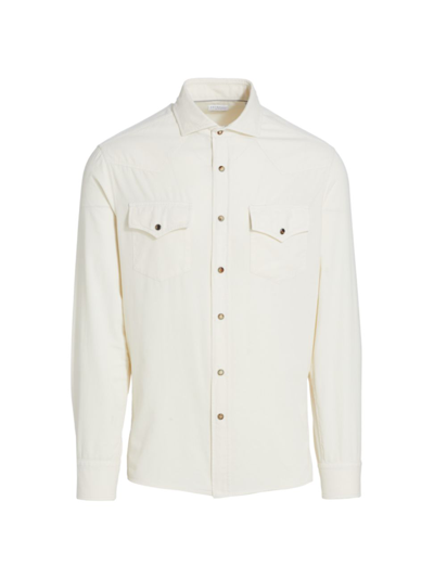 Shop Brunello Cucinelli Men's Western Snap-front Shirt In Off White