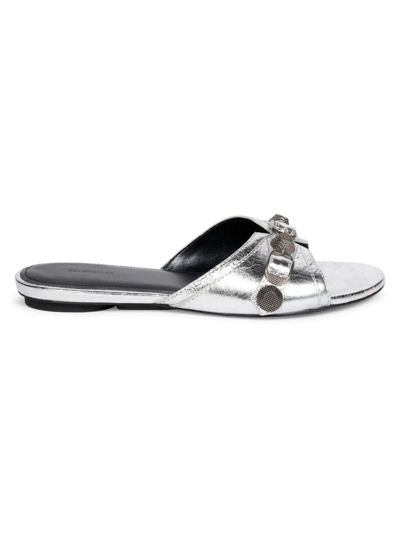 Shop Balenciaga Women's Cagole Metallic Leather Flat Sandals In Silver