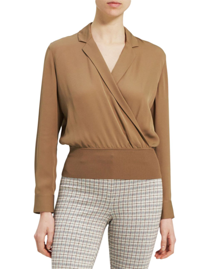 Shop Theory Women's Long-sleeve Silk Wrap-effect Blouse In Truffle