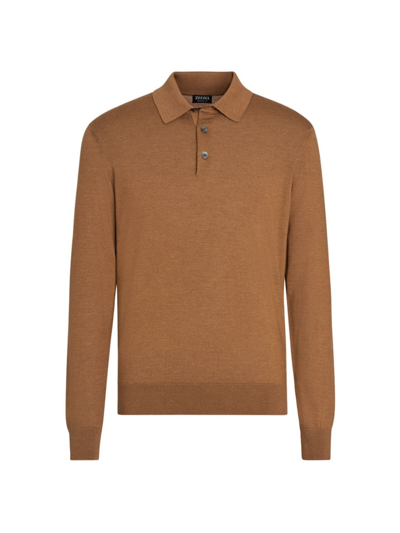 Shop Zegna Men's Casheta Light Long-sleeve Polo Shirt In Brown