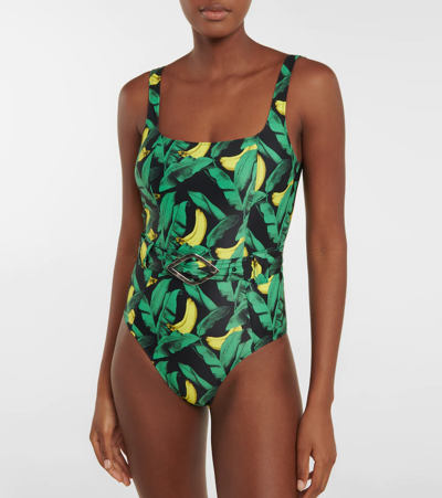 Shop Ganni Belted Printed Swimsuit In Banana Tree Black