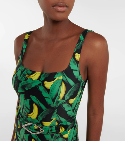 Shop Ganni Belted Printed Swimsuit In Banana Tree Black