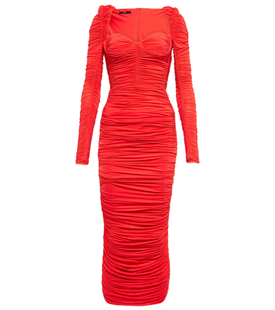 Shop Alex Perry Stanton Ruched Jersey Midi Dress In Tangerine