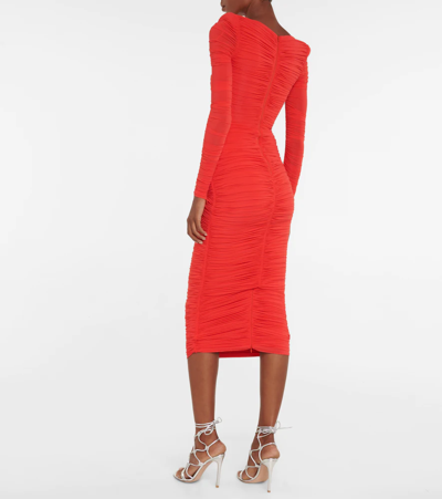Shop Alex Perry Stanton Ruched Jersey Midi Dress In Tangerine