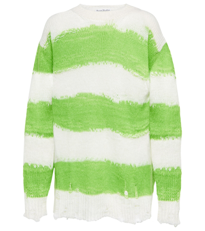 Shop Acne Studios Striped Distressed Sweater In White/fluo Green